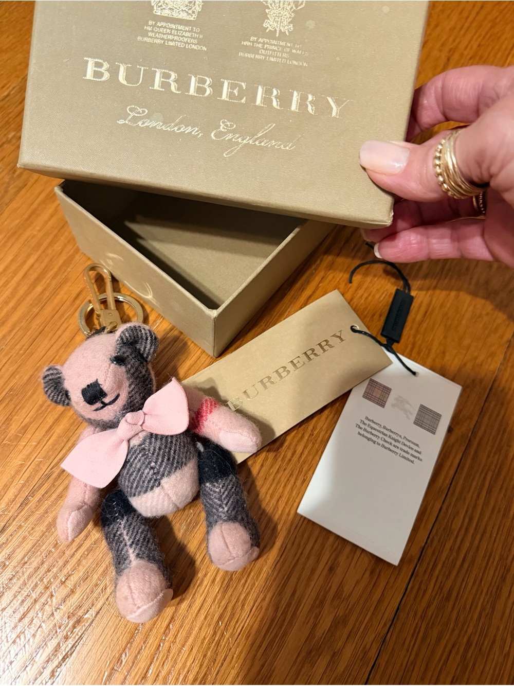 Authentic Burberry Pink & Gray Traditional Plaid Teddy Bear Bag Charm & Keyring